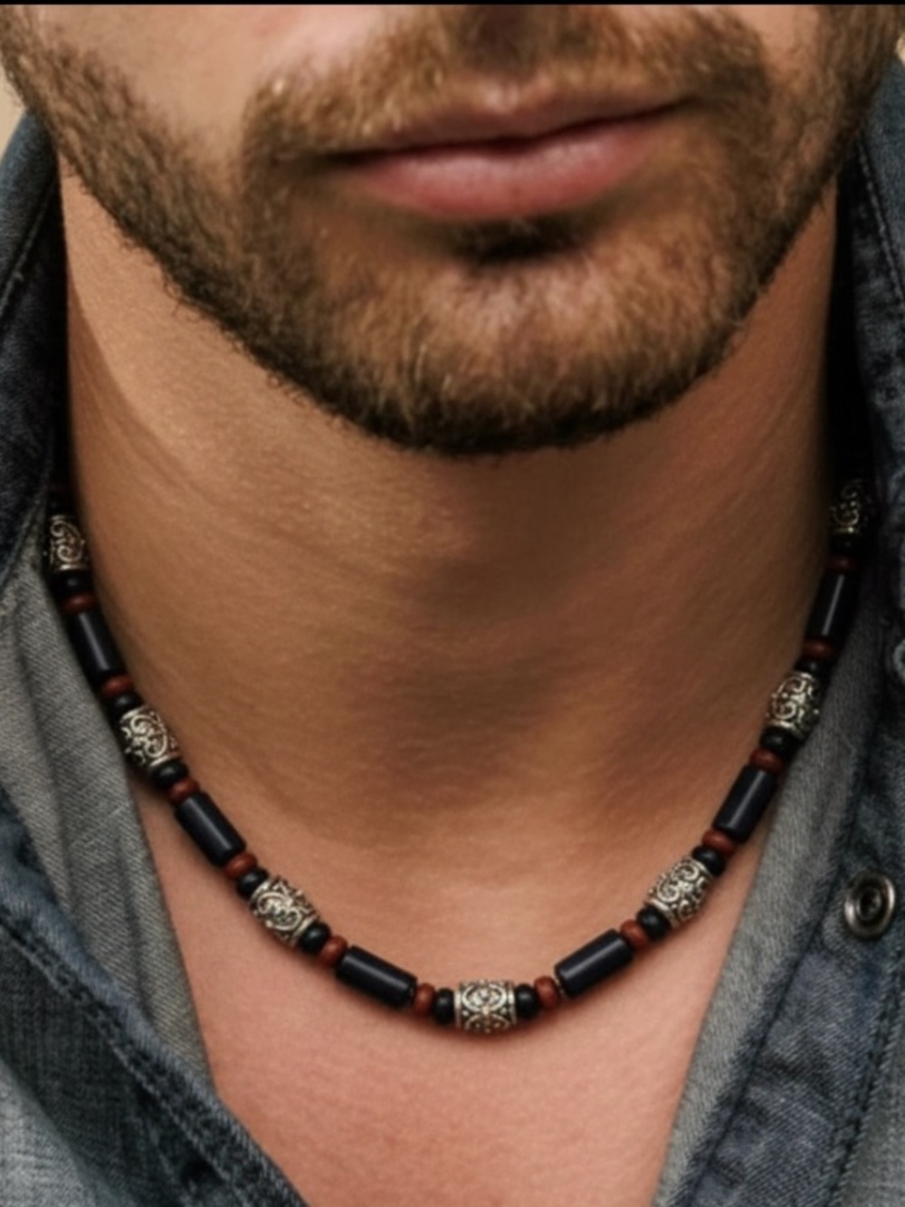 Handmade 3-Tone Choker - Black/Brown, Beads and Metal Accent Beads